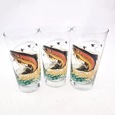 Libbey Glass Sportsman Outdoors Lake Fishing Hi Ball Glasses Tumblers Lot of 3