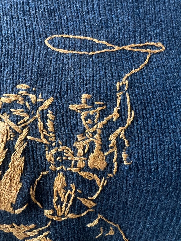 Cowboy Western Hand Embroidered Navy Blue Wool Sweater M - Image 4 of 4