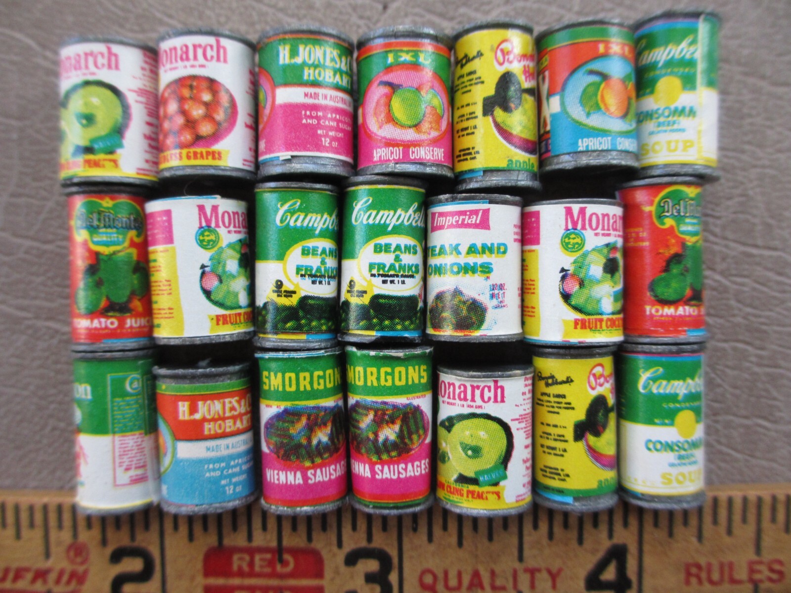 B. Shackman & Co. 21 Vintage 5/8" Tall Canned Food Dollhouse Play Toy Foods Lot