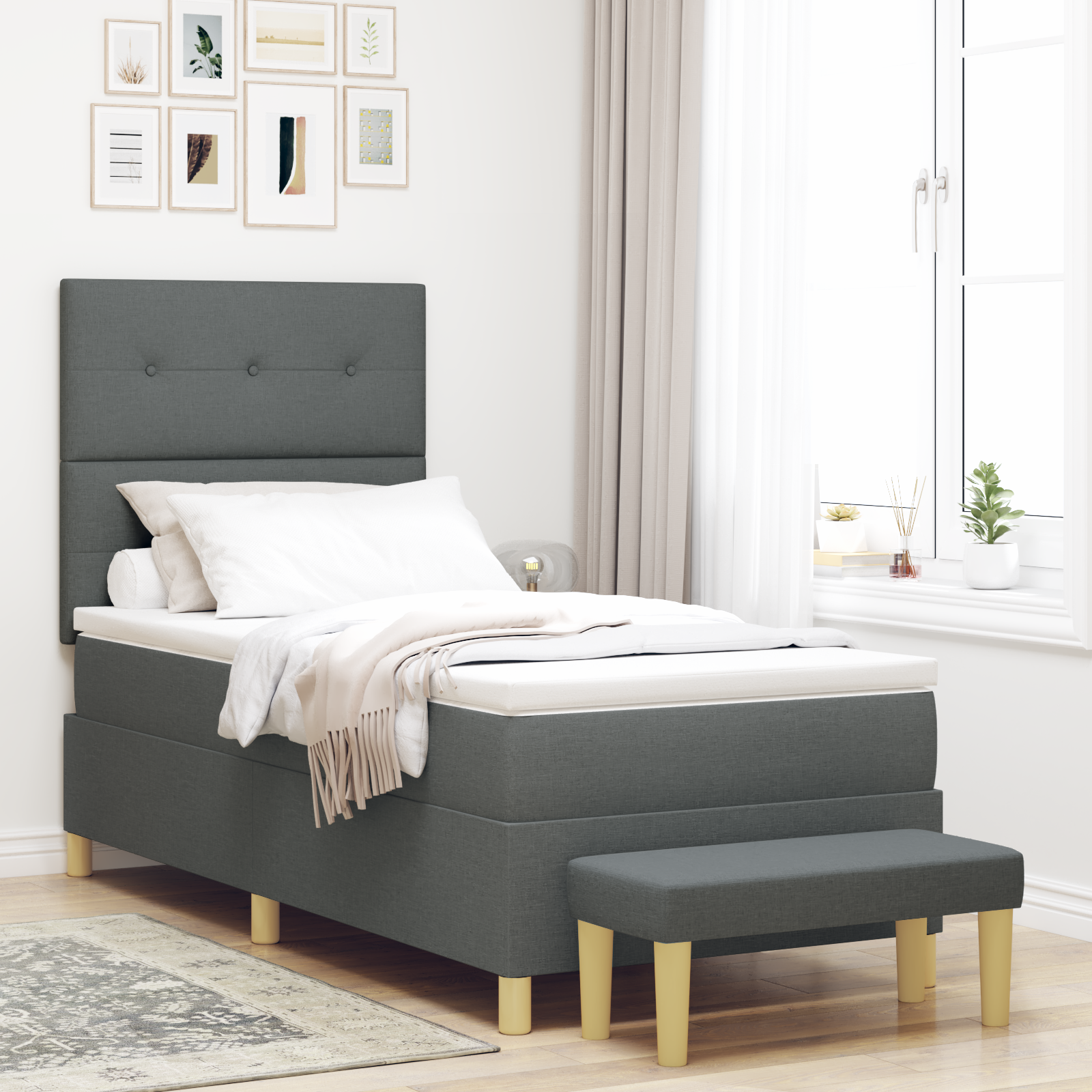 Letto Box Spring con Materasso e Panchina Grigio Scuro 90x200 cm Tessuto 2104676
