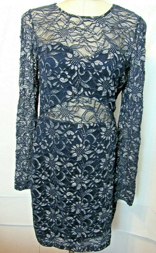 Womens Express Navy Dress M Lacy Lined Long Sleeve Sheer At Neckline and Waist - Picture 3 of 5