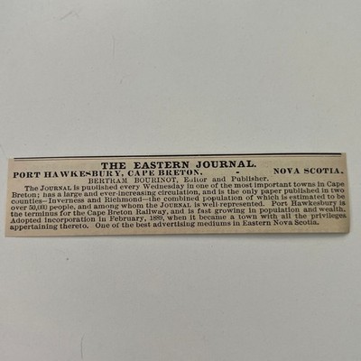 The Eastern Journal Bertram Bourinot Port Hawksbury 1890 Newspaper Ad SAI9-M13