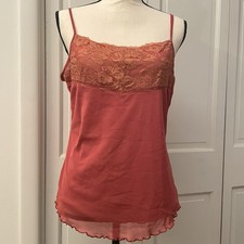 Vtg Lace Trim Silk Babydoll Top Sz Large Stretch Coquette Y2K Cami Fairy Orange