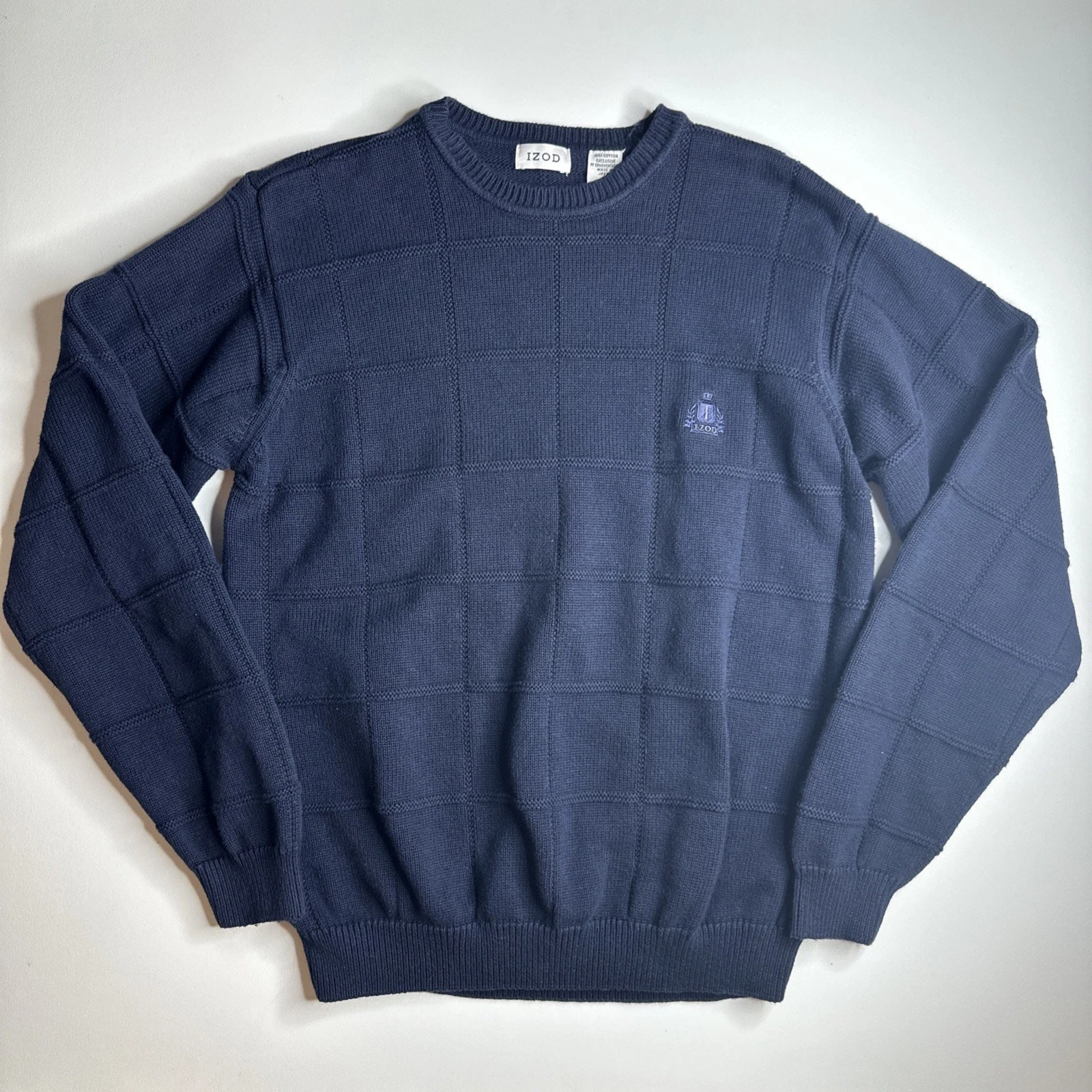 Vintage IZOD Sweater Mens Medium Navy Blue Textured Knit Crewneck Fisherman 90s