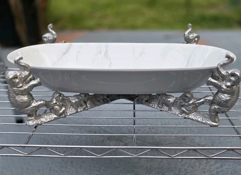 1987 ELEPHANT vtg arthur court large art display serving platter stand with Bowl