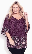 Image of New EVANS Avenue 18 Purple Pintuck Floral Border Lightweight Tunic Blouse Top