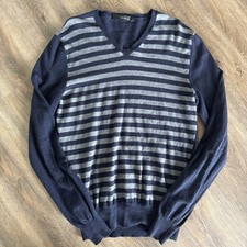 Calvin Klein Sweater Mens Large Merino Wool V-Neck Pullover Stripe Navy Blue