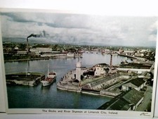 The Docks and River Shannon at Limerick City, Irelan. Old, rare postcard coloured. H