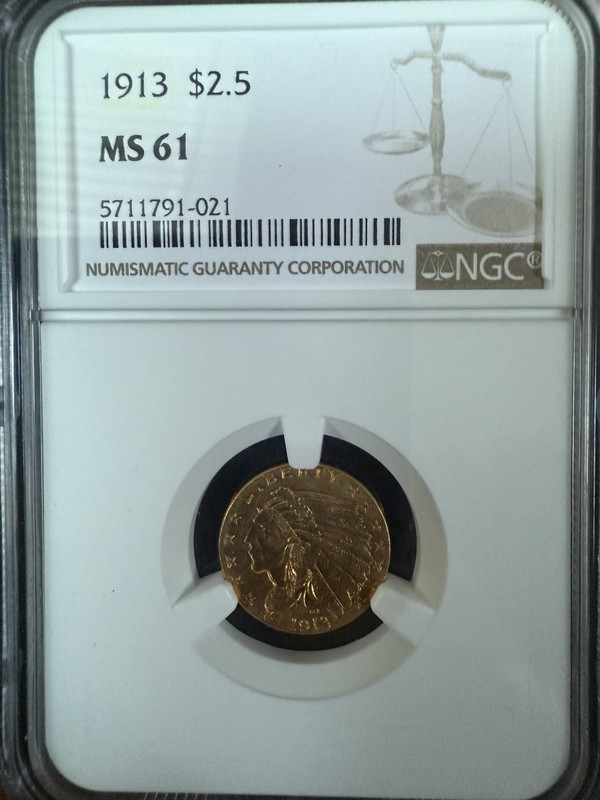 1913 $2.5 Gold Quarter Eagle $2 1/2 Indian Head NGC MS 61