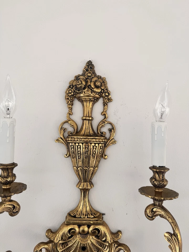 Vintage Large Ornate Spanish 4-arm Solid brass wall sconce fixture H29xW23”Spain - Image 3 of 4