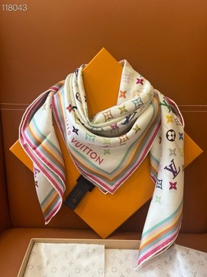 LOUIS VUITTON SCARF SQUARE SHAWL 100% AUTHENTIC CLASSIC LOGO SILK WHITE COLORFUL