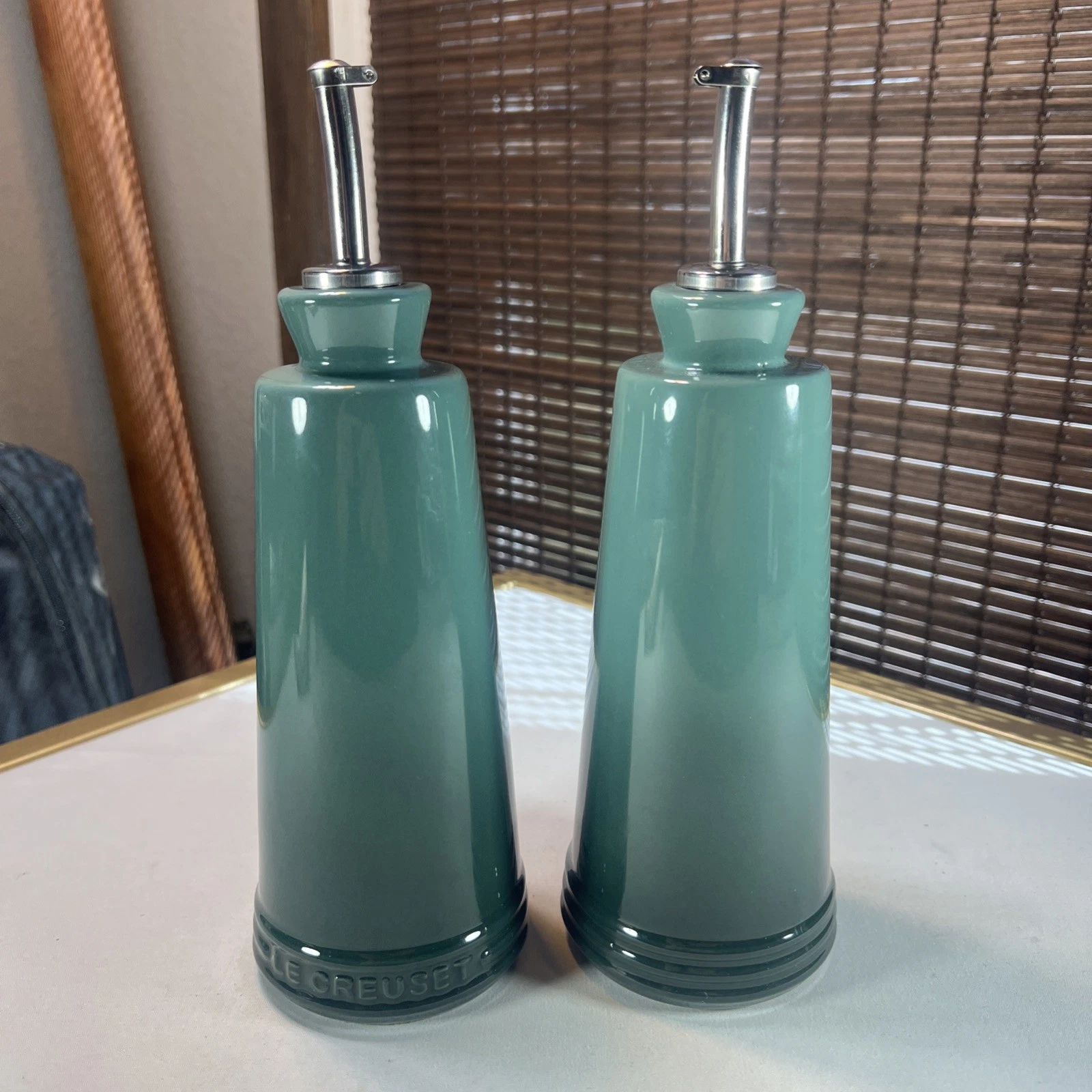 VTG Le Creuset Oil And Vinegar Dispensers. 10oz Green Ombre