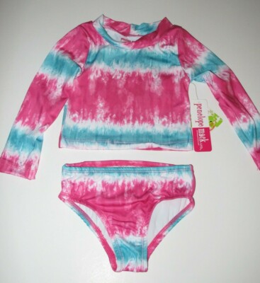 Penelope Mack Girl's 2T 2 Pc Long Sleeve Rash Guard Tankini Swimsuit Pink Blue