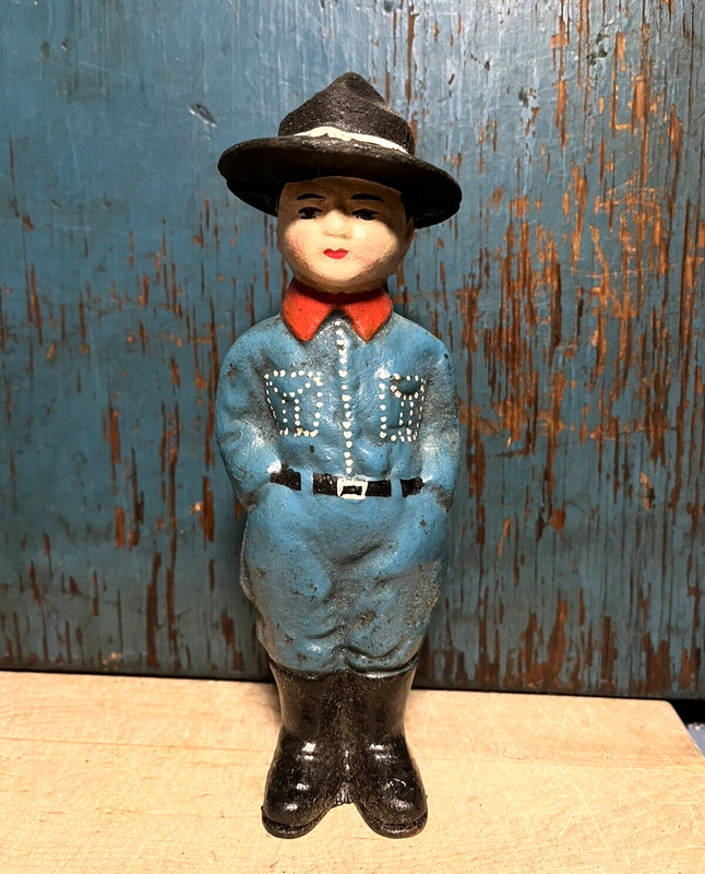 Vintage Style Dough Boy Cast Iron Penny Piggy Bank Soldier WWI Boy Scout Ranger