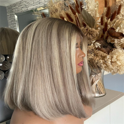 Ash Blonde Balayage Wig Short Bob Cut Wig 13x4 Lace Front Human Hair Wigs