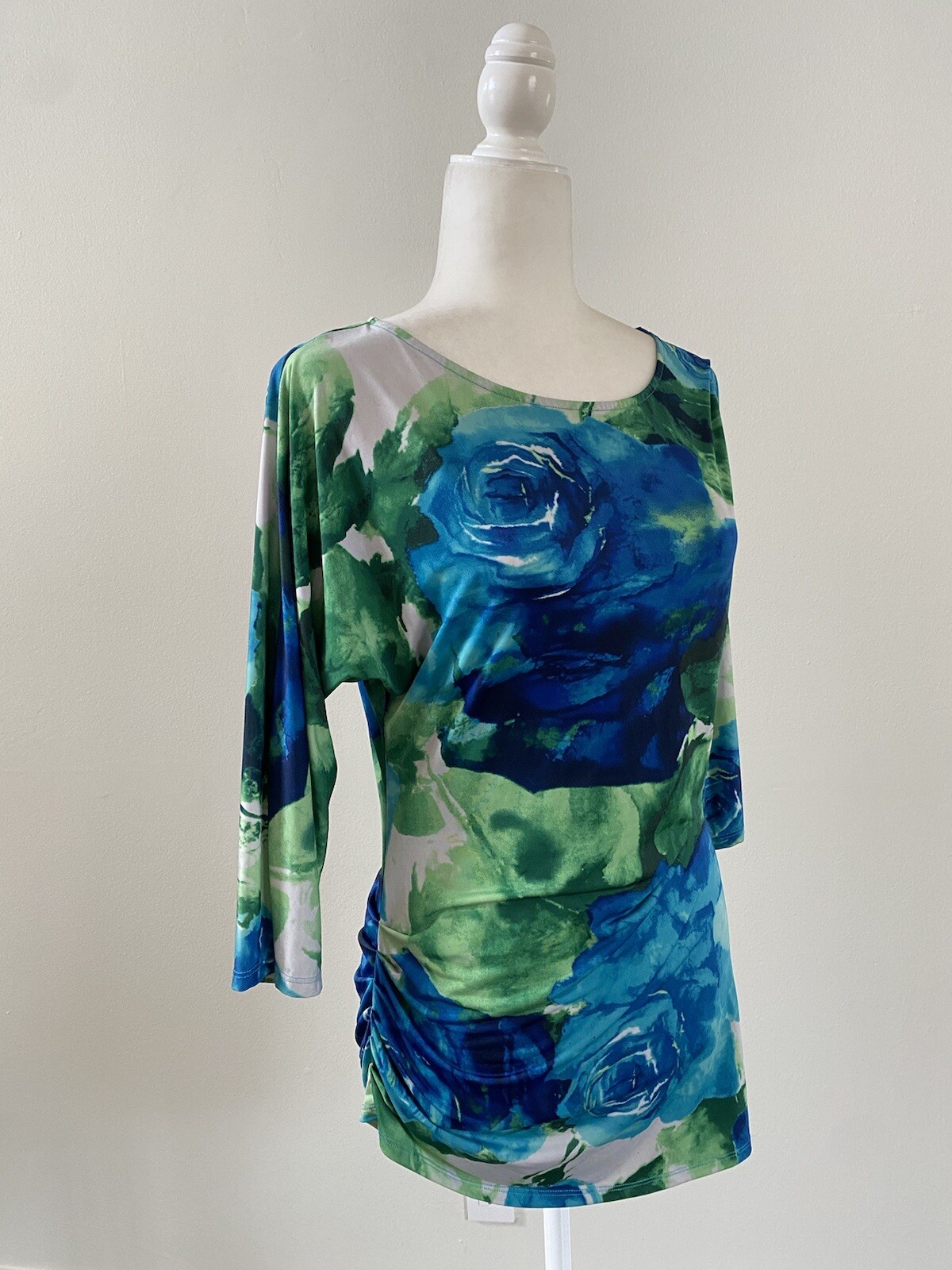 Mark Zunino Womens Ruched 3/4 Sleeve Floral Dress Green Blue XXS