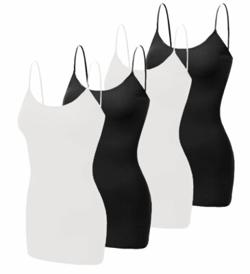 [4 pack] Women Long Camisole Tank Tops Cotton Basic Cami Tops W/ Straps S ~ 3XL