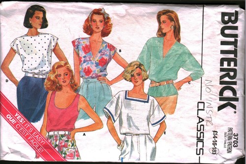 3703 Vintage Butterick SEWING Pattern Misses 1980s Pullover Tops Classic Shirt