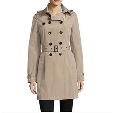 Jane Post Tan Belted Double Breasted Trench Raincoat Removable Hood Lined Medium