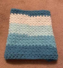 Brand New Hand Crochet Baby Afghan 29x 23" Car Seat Stroller Blanket Blues White