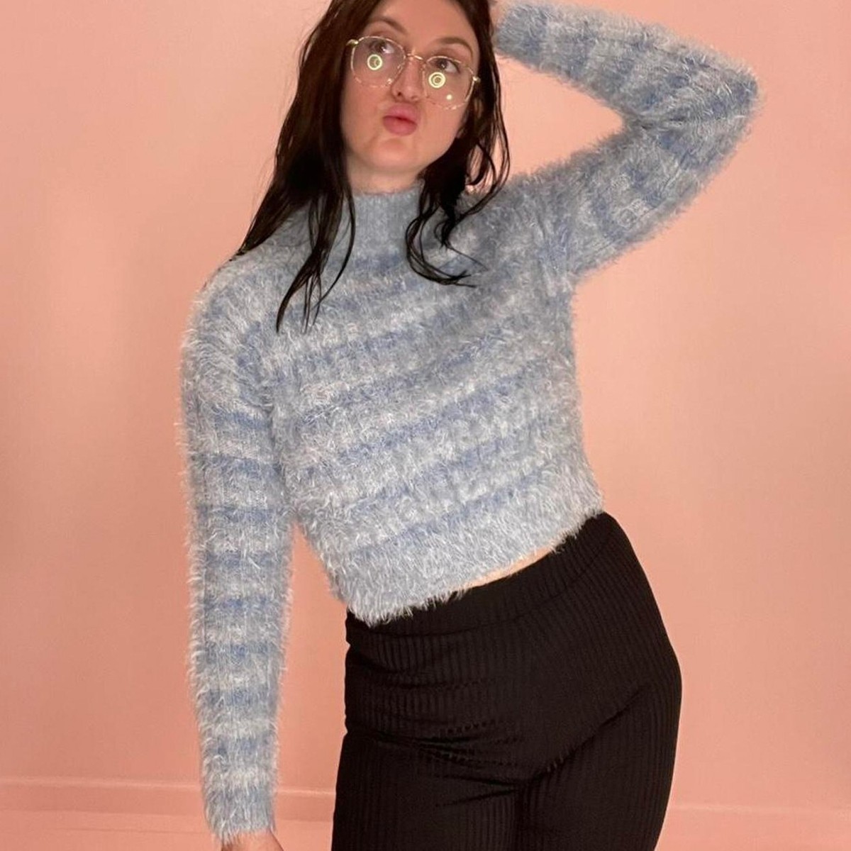 vintage y2k 2000s blue striped fuzzy cropped sweater | eBay