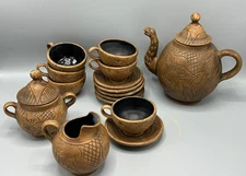 Handmade Pottery Clay Snake Spout Teapot Set- Creamer, Sugar, 6 Cups & 6 Saucers