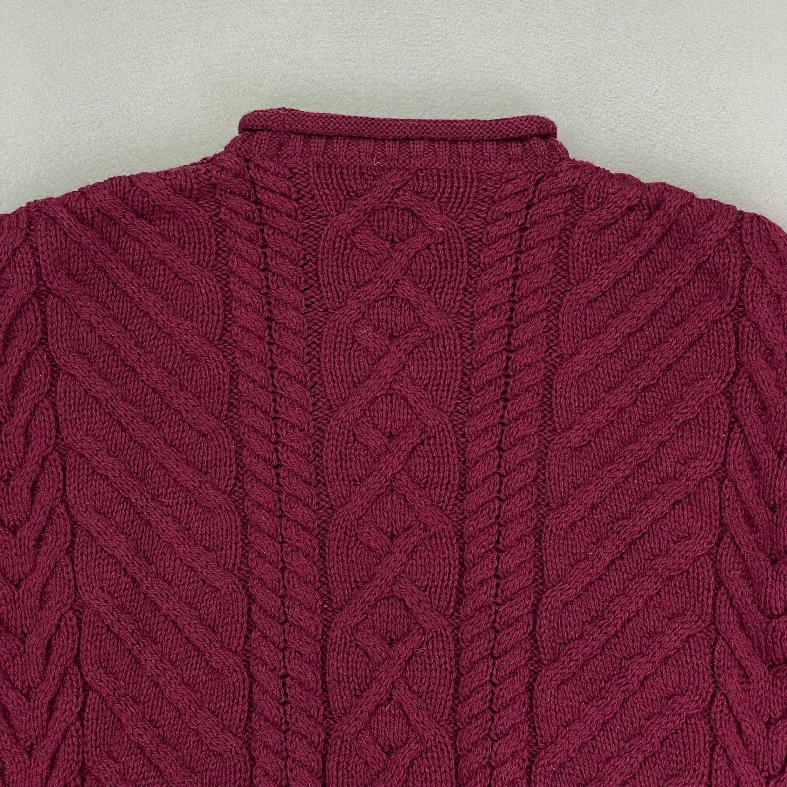 VTG Lands' End Sweater Mens M BERRY Wool Roll Collar Cableknit Fisherman England