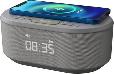 Kabelloser Ladewecker mit Bluetooth Lautsprecher, dimmbare LED, grau