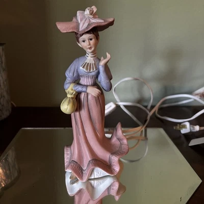 Vintage Porcelain Lady Lamp Figurine Victorian Style Pink Dress Light - Image 1 of 4