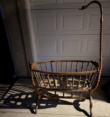 Antique Wooden Rocking Cradle Bassinet Spindles, French Swan Mid 1800’s