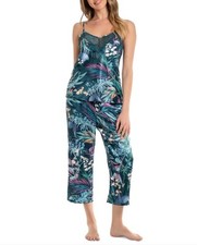 Linea Donatella Women's 2 Pc Cropped Printed Satin Pajama Set - Turquoise Small