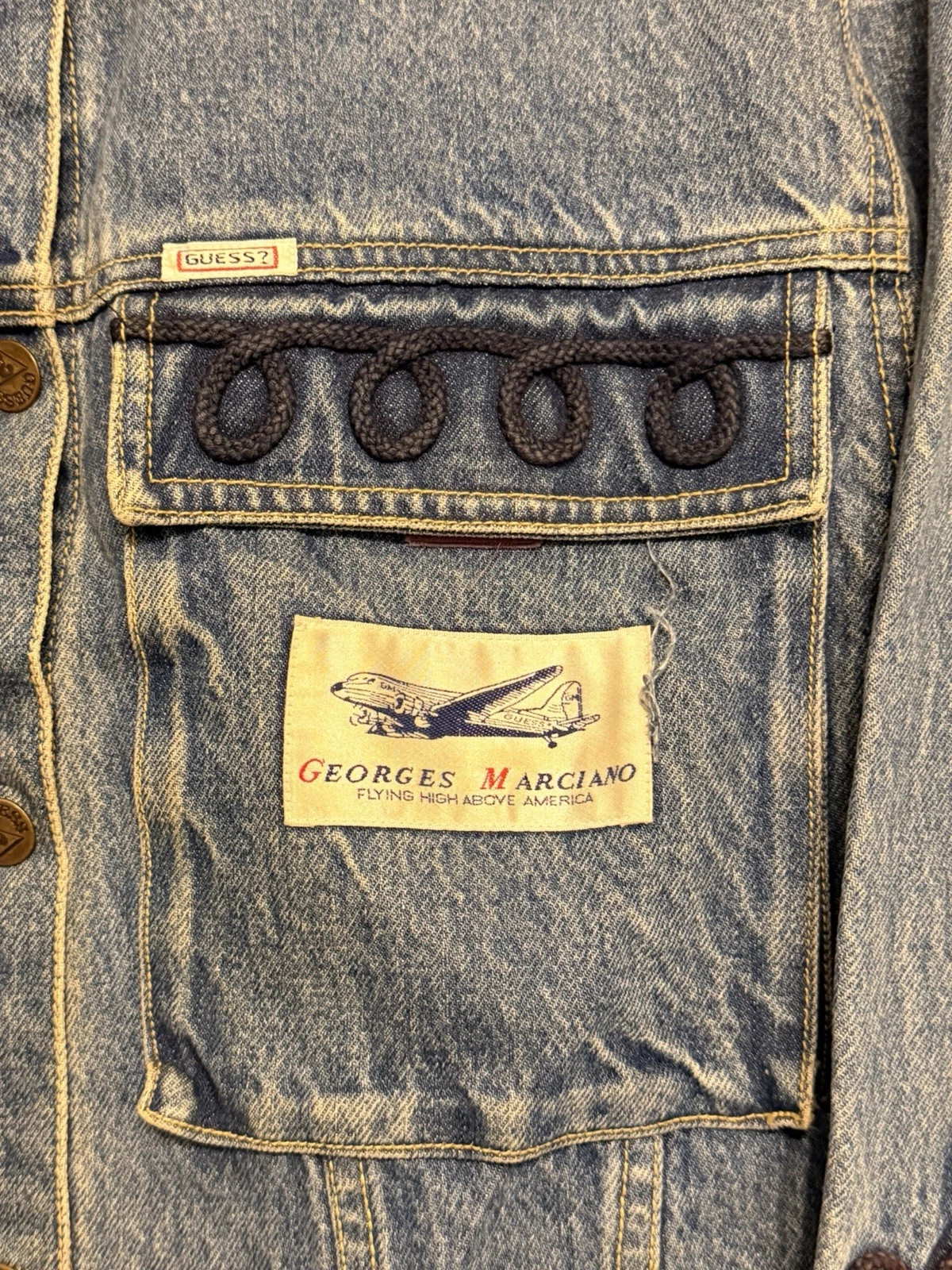 Vintage 80s GUESS Georges Marciano Denim Jacket Flying High Soutache Rope Trim L image 4