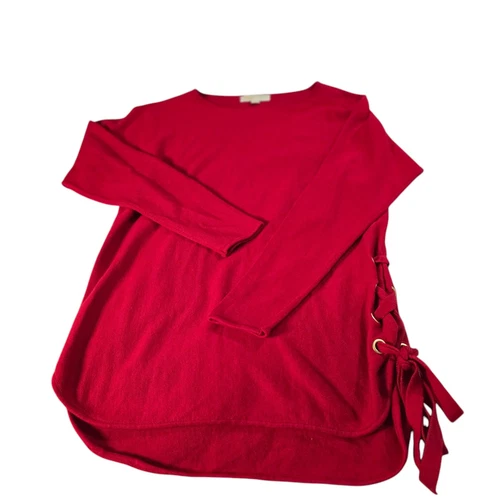 Maglione Michael Kors donna medio tono oro passante stringato lato rosso maglia girocollo