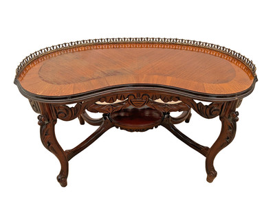 Antique French Coffee Table Kidney Shape Carved scroll work, Bottom Shelf petite