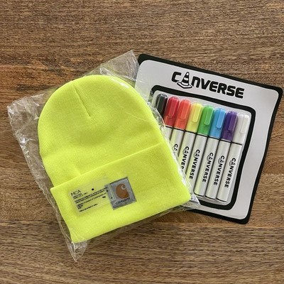 Joshua Vides x Carhartt x MCA A18 Beanie Neon Volt + Converse Markers
