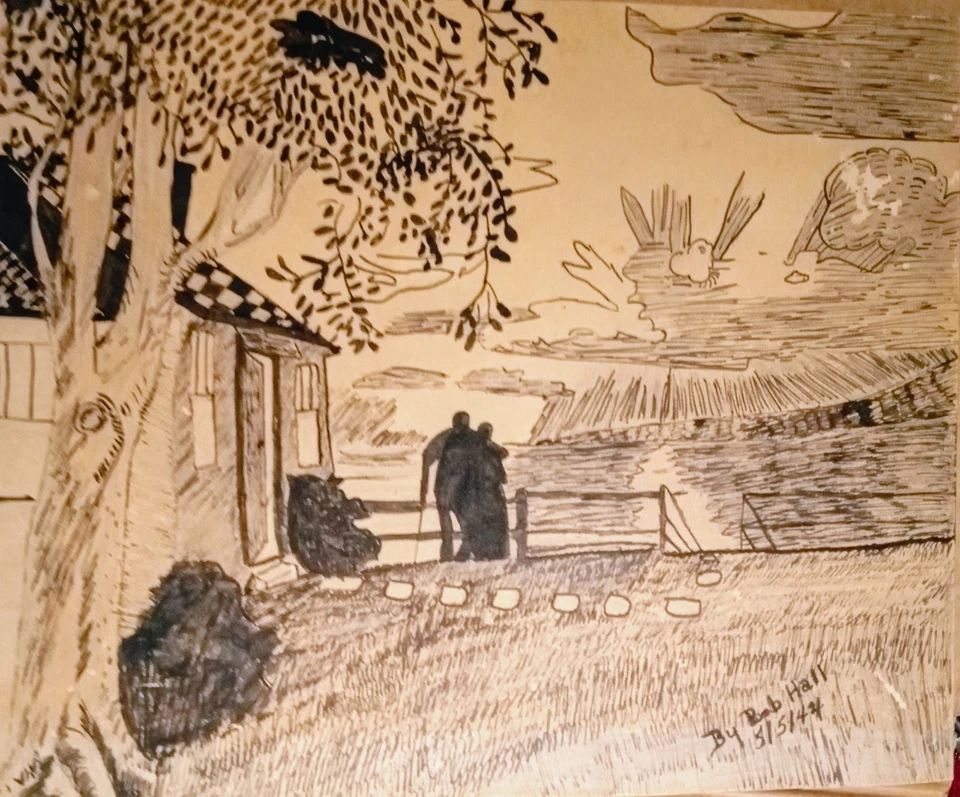 Dibujo a tinta a pluma original del artista listado BOB HALL 5-5-1944 modernismo americano  Foto 3 de 4