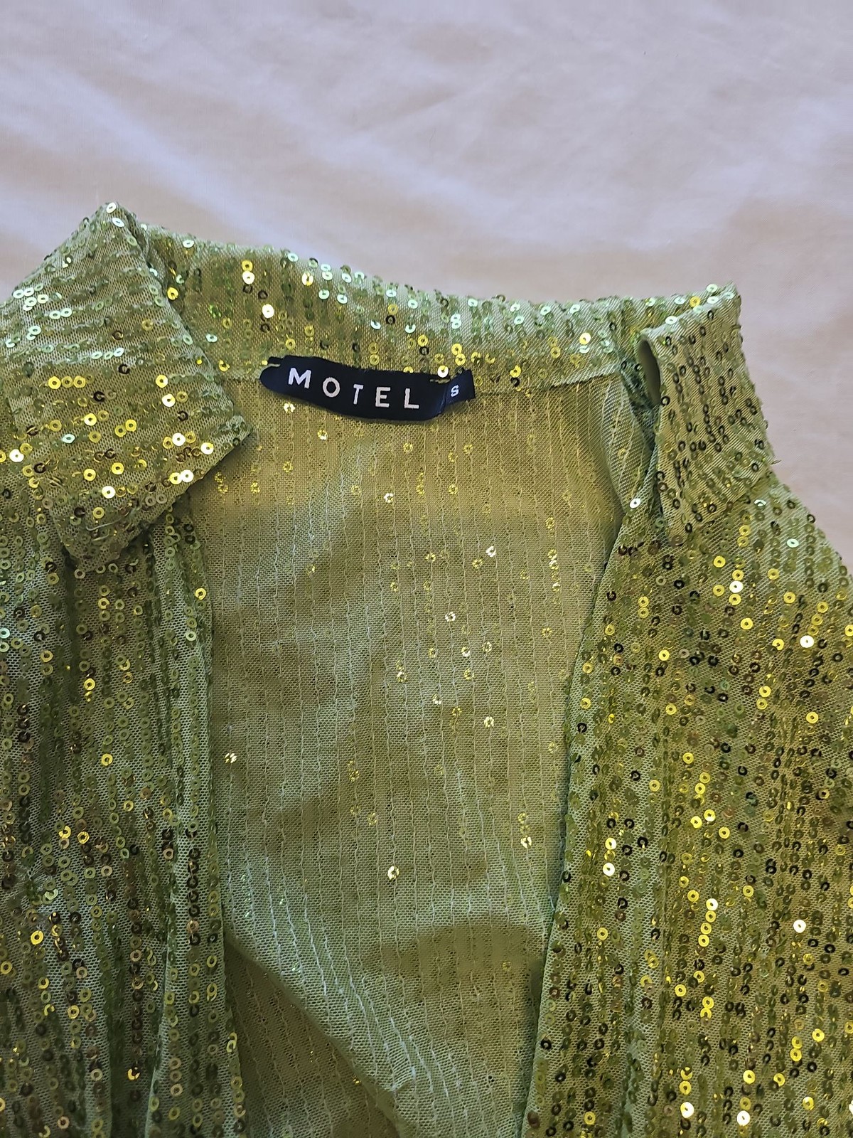 Motel Rocks Lime Green Sequin Long Sleeve Mesh Top Small Z895 image 2