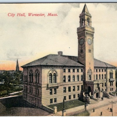 c1900s Worcester, MA City Hall RARE 1906 Divided PC Brockton Transit Cancel A325