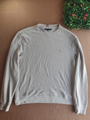 Tommy Hilfiger Ribbed Sweater Size M Grey Cream Cotton Knit Mens Jumper