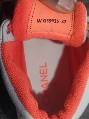 CHANEL White/Orange High Top Lace-Up Sneakers CC Logo Leather Canvas G35935