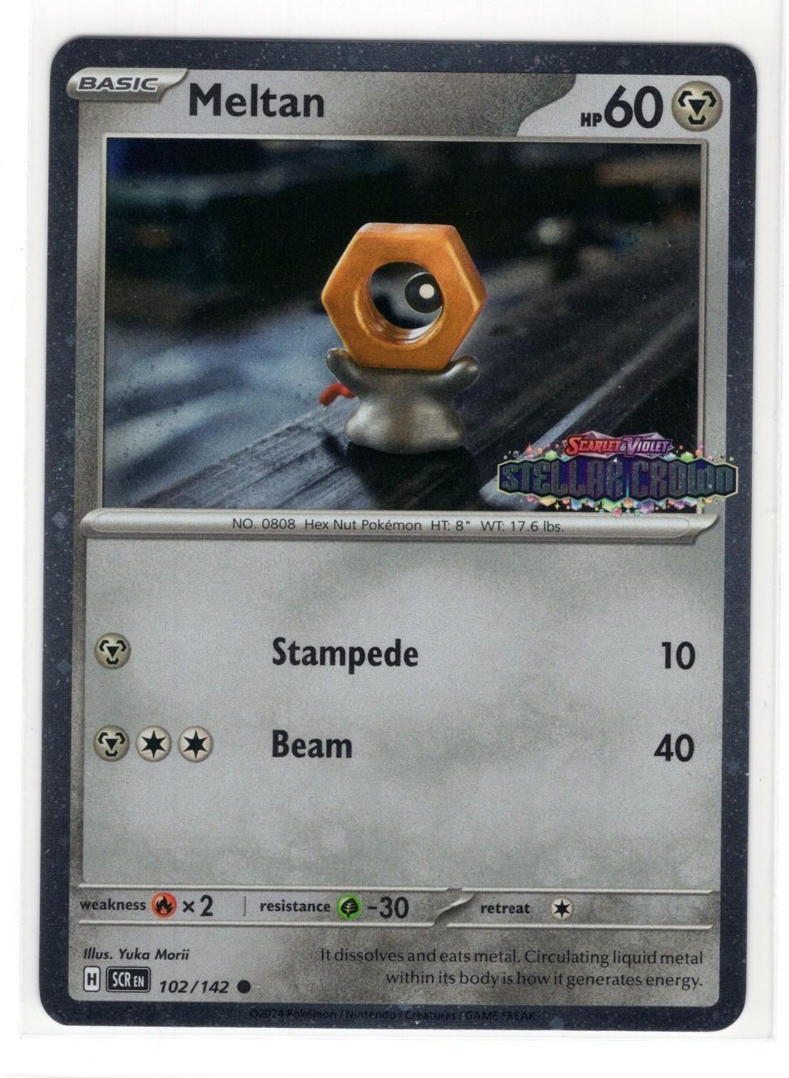 Pokemon Stellar Crown Stamped 102/142 Meltan Cosmos Holo