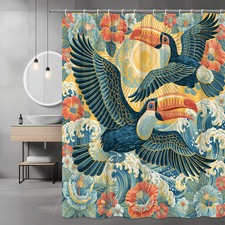 Toucan Floral Wave Shower Curtain Tropical Bird Print
