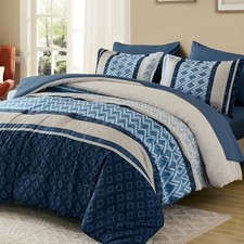 Comforter Set 7 Pieces Boho Striped Bed in a Bag,Soft Microfiber Queen Blue