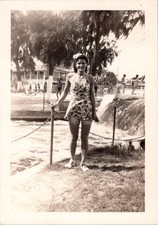 Vintage 1940s Snapshot Photograph Woman Floral Swimsuit Tropical Beach Resort