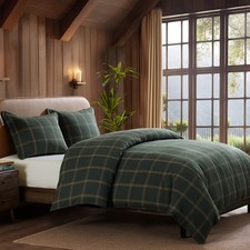 Windowpane Hunter Green Tan Plaid Modern Rustic Queen 3 Pc Comforter Bed Set