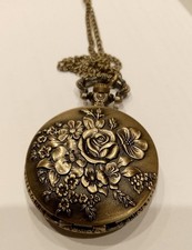 Used Bronze Floral Pocket Watch Necklace Retro Quartz Pendant 48cm Chain