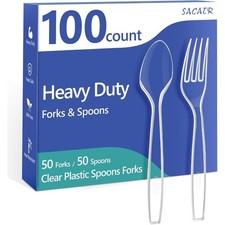 Disposable Plastic Utensil Set 100 Count Heavy Duty 50 Forks 50 Spoons