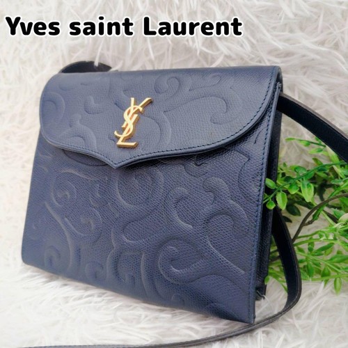 YVES SAINT LAURENT YSL Vintage Cassandre Logo Crossbody Bag Navy Arabesque