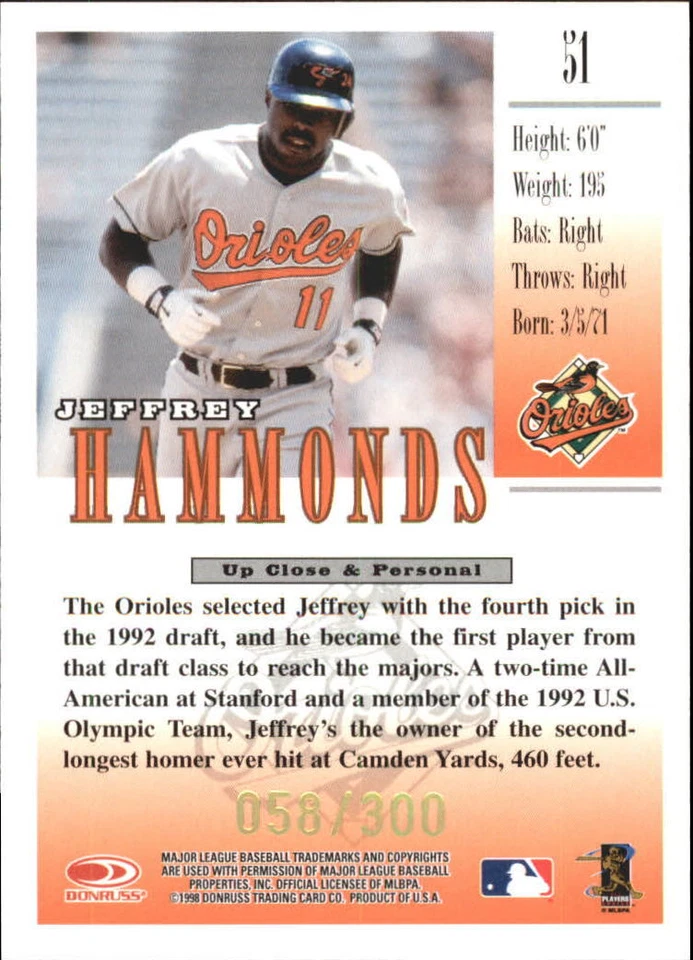 1998 Studio Gold Press Proofs #51 Jeffrey Hammonds /300 - NM-MT - Image 2 of 2