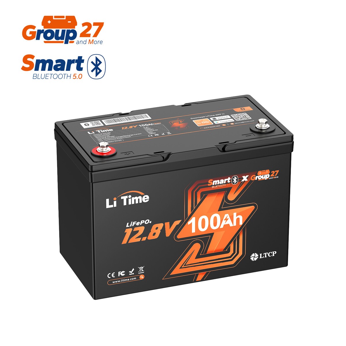 LiTime 12V 100Ah Smart Bluetooth Group27 LiFePO4 Lithium Battery 